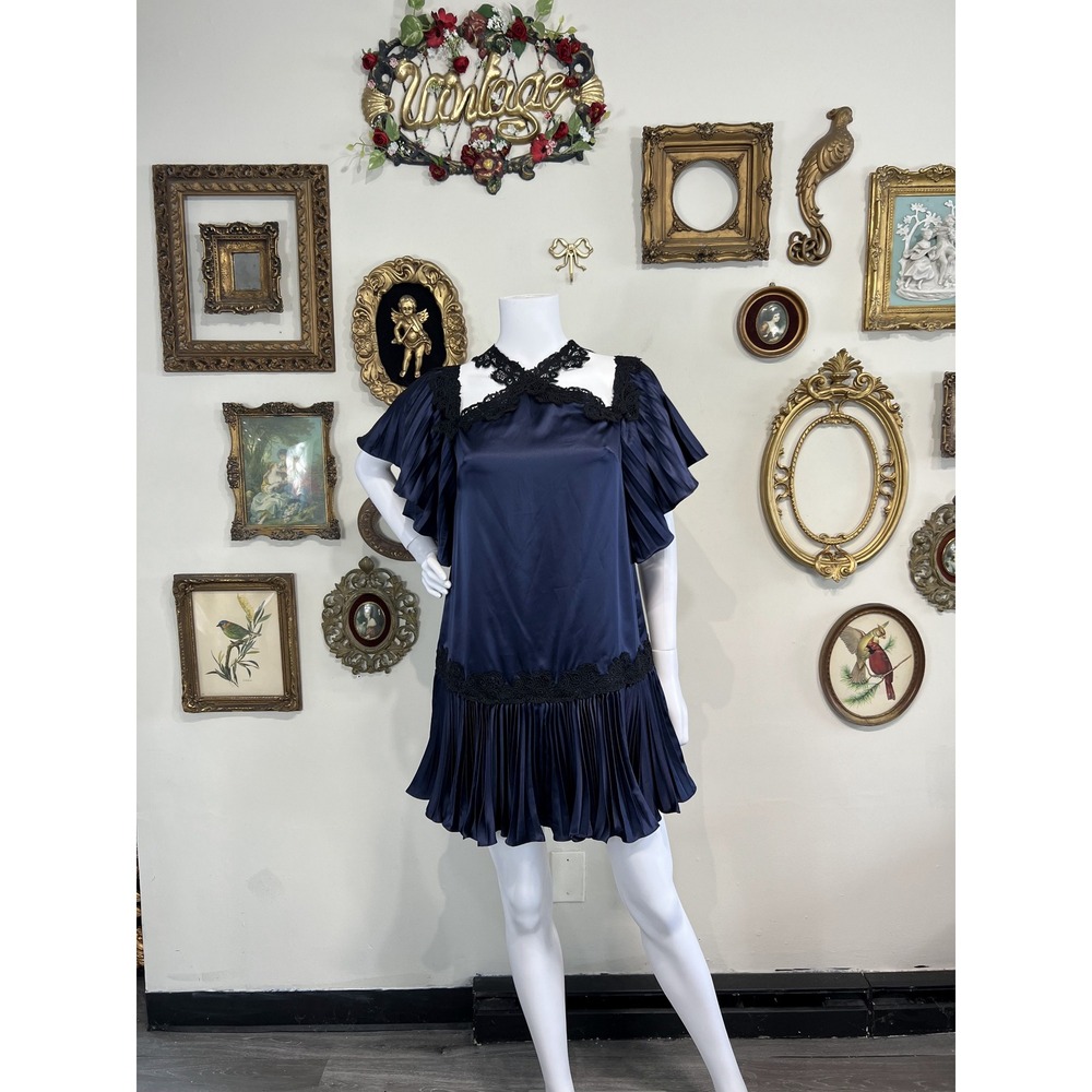 Amur Navy Blue Pleated Flutter Sleeve Lace Accent Dress 4